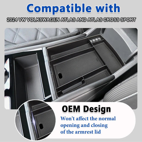 Must Have Center Console Organizer For VW Atlas And Atlas Cross Sport 2024 To 2026 Armrest Storage Tray Dual Layers in use