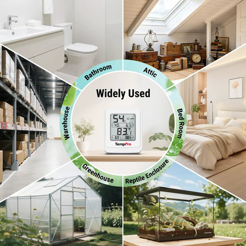 All In One Digital Hygrometer Indoor Thermometer With IPX5 Waterproof For Ultra Accurate Temperature And Humidity Readouts Pro Grade For Greenhouses Grow Rooms And Home Climate Monitoring centered on a desk