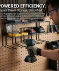 Man using wall mount drill holder organizer rack for power tools, heavy duty iron cordless drill holder in garage workshop.