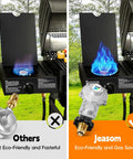 JEASOM two-stage propane regulator on outdoor grill; silver metal with blue flame, in side-by-side comparison.