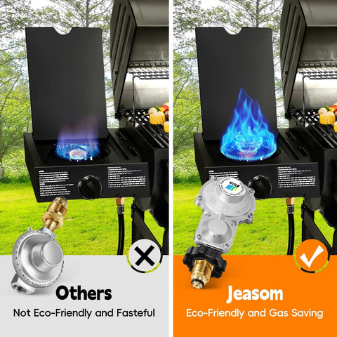 JEASOM two-stage propane regulator on outdoor grill; silver metal with blue flame, in side-by-side comparison.