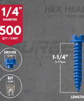Quarter Inch By One Quarter Inch Hex Head Blue Concrete Screw Anchor With Drill Bit And Driver, Box Of 500 In Bulk Pack