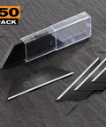 50 Pack Utility Knife Blades With Blackened SK-5 Steel For Box Cutters, Rust Resistant And Extra Durable, displayed with case
