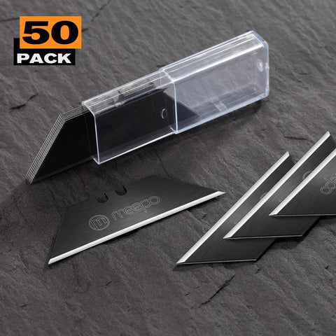 50 Pack Utility Knife Blades With Blackened SK-5 Steel For Box Cutters, Rust Resistant And Extra Durable, displayed with case