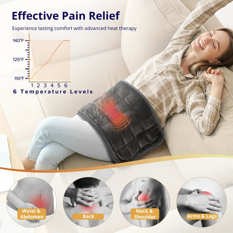Woman using Weighted Heating Pad With Vibrating Massage For Back And Shoulder Pain Relief, Real Heat Therapy With 6 Levels