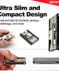 Ultra Slim 17 Function Bike Tool With Chain Breaker, Pocket Sized Bicycle Multi Tool shown in hand and compared to phone size