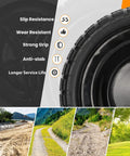 Detailed side view of Thirteen Inch Flat Free Wheels Replacement for Garden Carts and Hand Trucks showcasing features and terrains.