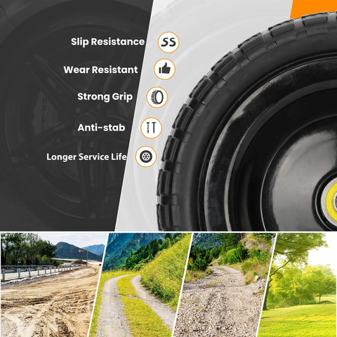 Detailed side view of Thirteen Inch Flat Free Wheels Replacement for Garden Carts and Hand Trucks showcasing features and terrains.