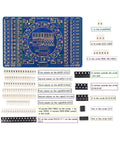 Three Pack SMD Soldering Practice Kit layout with labeled components for easy to hard SMT training on a blue board.