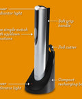 Cordless Electric Wine Opener With Automatic Cork Extractor And Precision Foil Cutter With Rechargeable Base on charging base with power indicator.