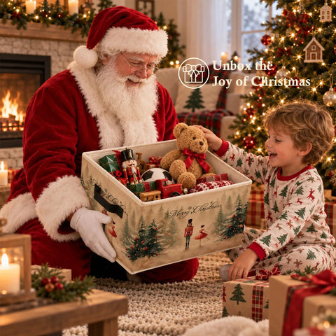 Cheer Up Your Spaces With This Merry Christmas Nutcracker Collapsible Storage Bin Foldable Box featuring toys and gifts in a cozy holiday setting.