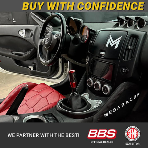 Car interior with Hot Red Carbon Fiber Shift Knob With Weighted Feel And 4 Metal Threaded Adapters M8 M10x1.25 1.5 M12x1.25