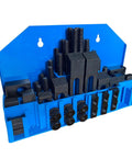Heavy Duty Hold Down Clamp Set 58 Piece For Bridgeport Milling Machines displayed in blue wall holder