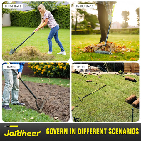Long Handle Thatch Rake For Lawns With Adjustable Head Manual Dethatcher used in different garden scenarios