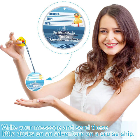 Woman holding a rubber duck with a blue duck card from 180 Pack Cruise Duck Party Decor Kit With 40 Yellow Duck Cards, 40 Rubber Ducks, And 100 Elastic Bungee Cords For DIY Bath Toys, Toddlers And Kids Party Favors, Classroom Activities.