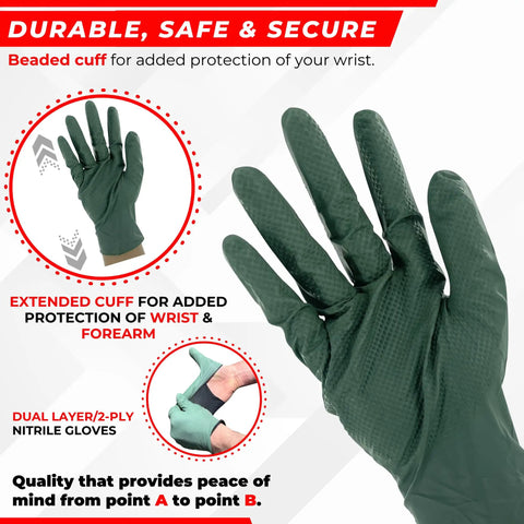 Badass Industrial Two Ply Nitrile Gloves, 8.5 Mil Thick With Raised Diamond Grip For Rip And Chemical Resistance, Disposable Latex Free, X Large, 1000 Count Per Box For Your Daily Grind - showing green nitrile glove with extended cuff.