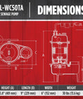 Dimensions of Rugged Half Horsepower 115V Cast Iron Sewage Pump With 5600 GPH Flow, Tethered Switch, and Dual Ball Bearings diagram