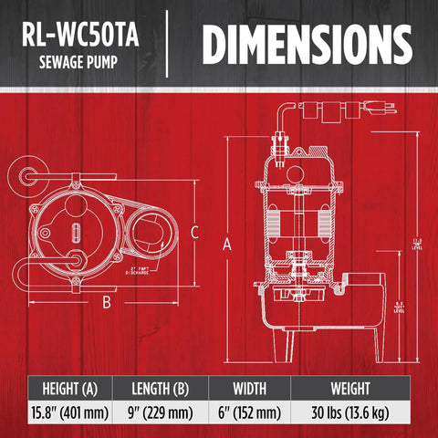 Dimensions of Rugged Half Horsepower 115V Cast Iron Sewage Pump With 5600 GPH Flow, Tethered Switch, and Dual Ball Bearings diagram