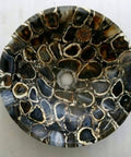 Straight Up Stunning Black Agate Vessel Sink Features 24 By 24 By 5.5 Inch Dimensions top view of handcrafted basin with varying agate patterns.