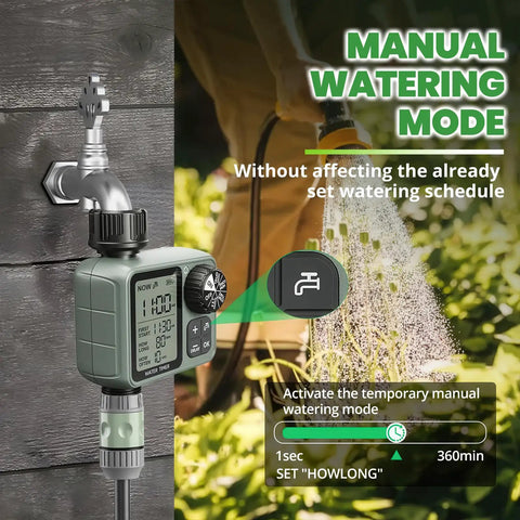 No Fuss Setup Hose Timer With Rain Delay And Auto Or Manual Modes for lawn yard garden watering sprinkler shown in use