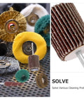 Assorted colors of double layer flap buffing wheels, part of the Double Layer Flap Buffing Wheels Set - 50 Abrasive Flap Wheels For Drill Sander, Pro-Grade, Heavy-Duty, Perfect For Stainless Steel, Ceramics, Kitchens And Bathrooms, Multiuse Cleaning, Grinding, And Polishing, shown on a perforated metal surface.
