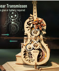 One Fifth Scale 3D Cello Model Kit With Base showing gear mechanism, 199 piece wooden music box building kit.