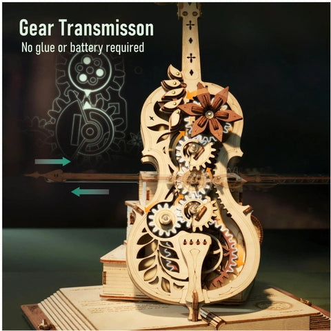 One Fifth Scale 3D Cello Model Kit With Base showing gear mechanism, 199 piece wooden music box building kit.