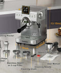 20 Bar Espresso Machine With Steam Milk Frother, Stainless Steel Coffee Maker With LED Display for home and office, placed on a kitchen counter with accessories including milk frothing pitcher, coffee press hammer, filter handle, and user manual.