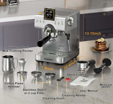 20 Bar Espresso Machine With Steam Milk Frother, Stainless Steel Coffee Maker With LED Display for home and office, placed on a kitchen counter with accessories including milk frothing pitcher, coffee press hammer, filter handle, and user manual.