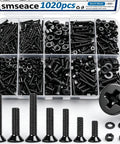 1020 Piece Black Nuts and Bolts Set with 21 Sizes M2 M3 M4 M5 Phillips Flat Head Screws Nuts Washers in storage box
