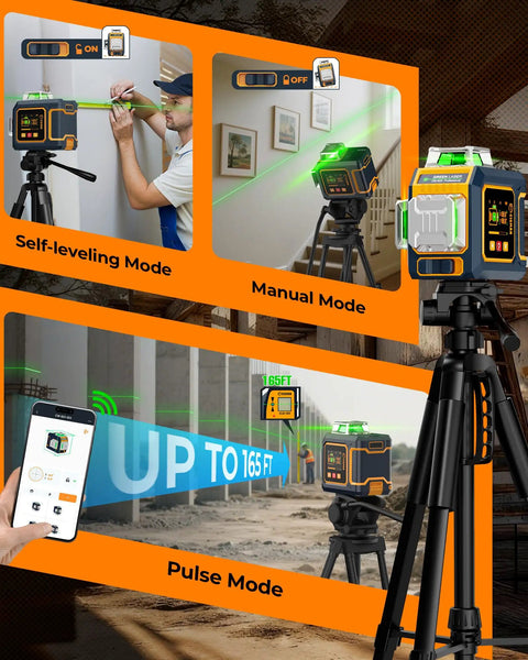 Green Laser Level With Three 360 Degree Coverage, Twelve Line Self Leveling, Bluetooth App Remote, Pulse Mode For Receiver