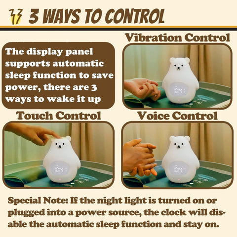 Cute Bear Night Light For Kids with touch, vibration, and voice control options on green table