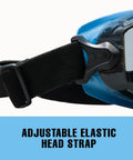 Close-up of adjustable elastic headband on blue-tinted anti-fog safety goggles with lightweight polycarbonate frame for men and women.