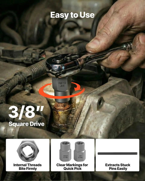 Using 16-Piece Bolt Extractor Kit With Adapters And Pin Punch For Removing Beat-Up Rusted Stripped Rounded Bolts Nuts And Screws on engine