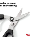Spring Loaded Poultry Shears Workhorse Heavy Duty Kitchen Shears With Ergonomic Good Grips Safe Lock Curved Blades For Hard To Reach Places And Bone Notch For Stable Cutting Black, blades separated for cleaning
