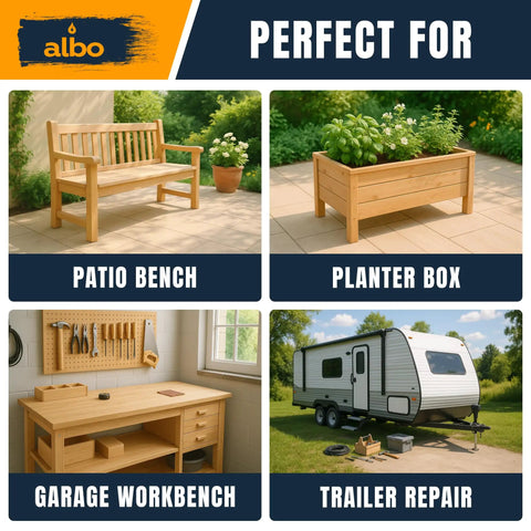 Collage showing patio bench, planter box, garage workbench, and trailer repair, featuring Size 8 Pocket Hole Screws 1-1/2 Inch, 400 Pack, Zinc Coated.