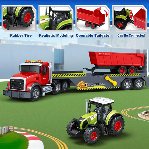 3 In 1 21 Inch Semi Flatbed Truck Toy With Farm Truck For Toddlers And Kids Ages 3 4 5 6 7 Friction Powered Vehicles
