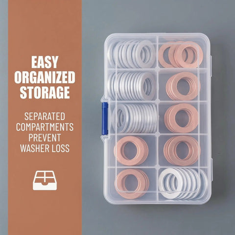 Oil Drain Plug Crush Washer Kit for Cars, Universal Gasket Set in aluminum and copper, organized in labeled box with compartments.
