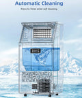 Transparent view of Ice Maker Machine That Cranks Out 100 Lbs Per Day, Stainless Steel Undercounter with blue sky backdrop