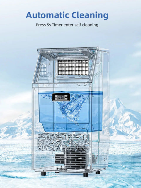 Transparent view of Ice Maker Machine That Cranks Out 100 Lbs Per Day, Stainless Steel Undercounter with blue sky backdrop