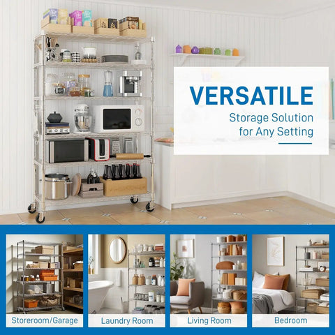 Heavy Duty Wire Shelving Unit 82 Inches Tall Featuring Adjustable Steel Racks That Split Into Independent Multi Tier Storage Organizers No Sweat Assembly For Garage Or Basement with kitchen appliances.