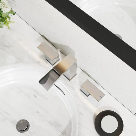 Top view of 8 Inch Widespread Brushed Nickel Bathroom Faucet With Three Holes And Two Handles Waterfall Style Includes Pop Up Drain Assembly