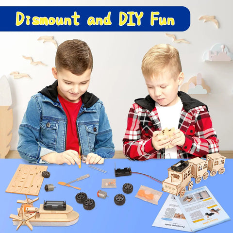 Kids assembling 6-In-1 STEM Kit For Kids Ages 8-12, Totally Cool Educational Toys For Boys And Girls, Wooden Building Kit With Realistic Science Experiments, Awesome Christmas Birthday Gift For 8 9 10 11 12 Year Olds