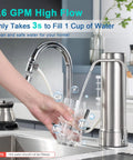 Person filling a glass with water from a countertop system, shows Replacement Filter Pack For Countertop Water Filtration Systems.