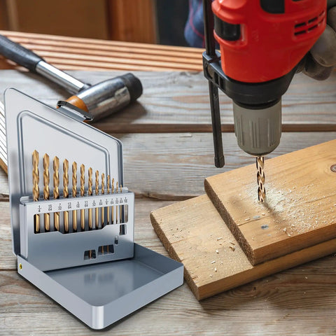 Left Hand Cobalt Drill Bit Set 13 Pc M35 High Speed Steel Jobber Length For Hardened Metal, Stainless Steel, Cast Iron, Wood And Plastic With Handy Index Storage Case 1/16 To 1/4 Inch shown in use with a drill on wood.