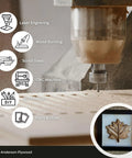 CNC machine engraving wood with icons for laser engraving, wood burning, and DIY projects.