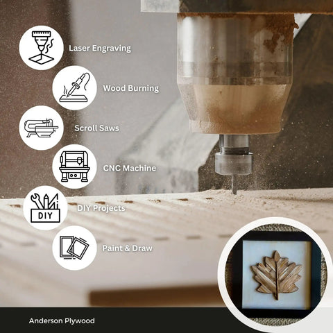 CNC machine engraving wood with icons for laser engraving, wood burning, and DIY projects.