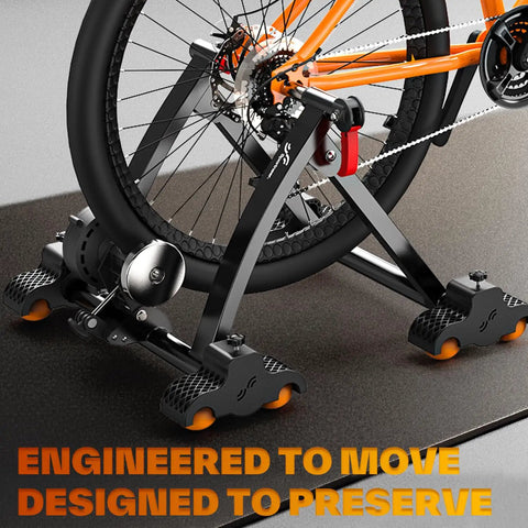 Rocker Feet Adapters For Indoor Cycling Trainers, 4 Pack with bike rear wheel on a trainer, no slip and shock absorbing stability kit
