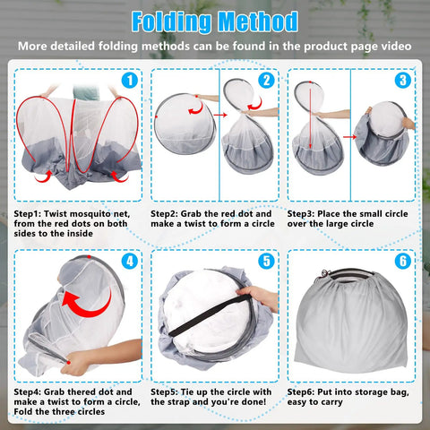 Step-by-step folding instructions for Extra Large Pop Up Mosquito Tent For Bed Camping And Travel Portable Foldable Net