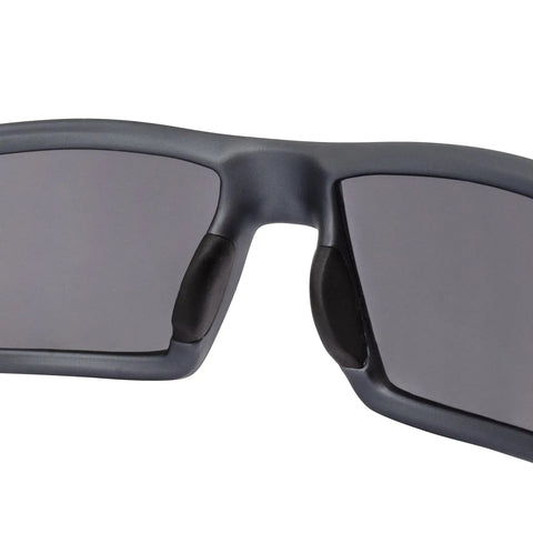 Close-up of Crossfire Cumulus Premium Safety Eyewear with aluminum gray frame and smoke lenses featuring soft rubber nose piece.